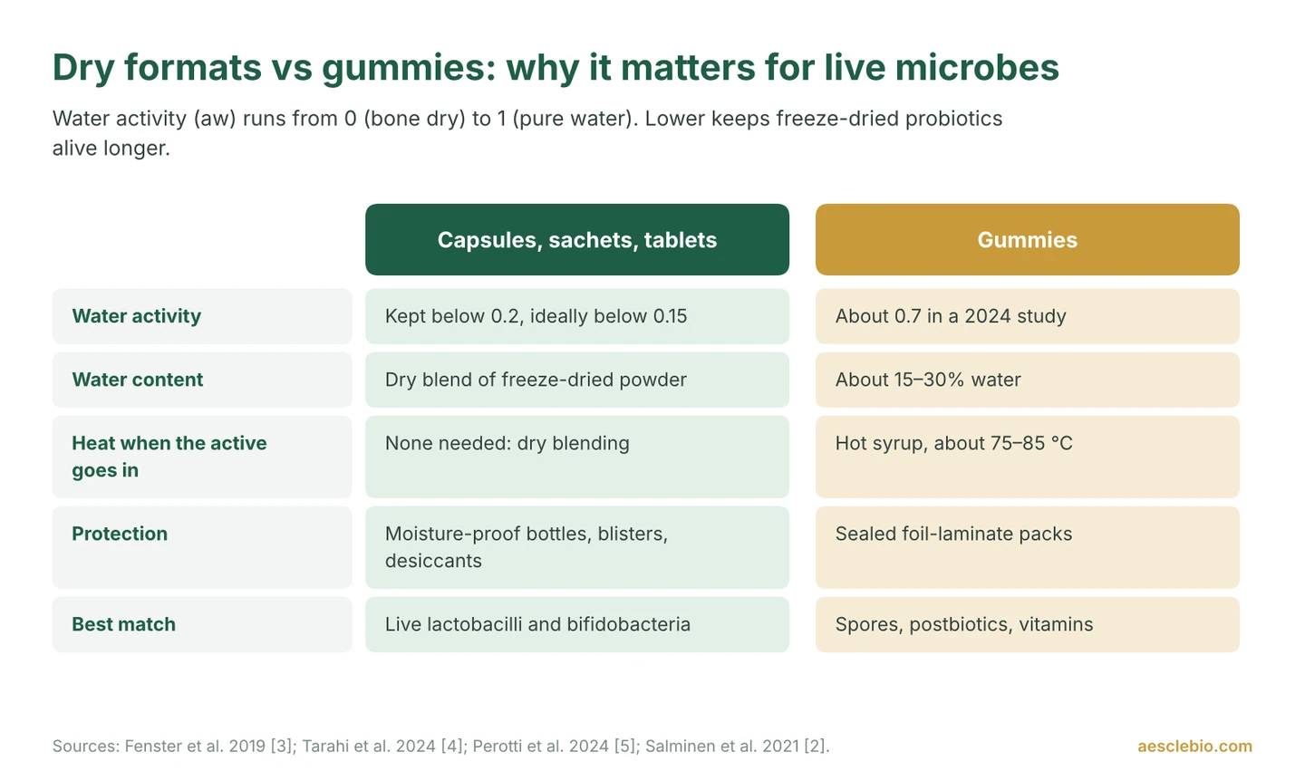 Comparison of dry probiotic formats and gummies: water activity below 0.2 versus about 0.7, dry blending versus hot syrup, and best-matched ingredients.