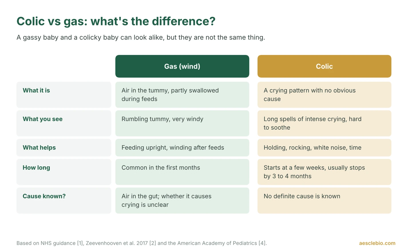 Comparison of gas and colic in babies: what each is, what parents see, what helps, how long it lasts and whether the cause is known.