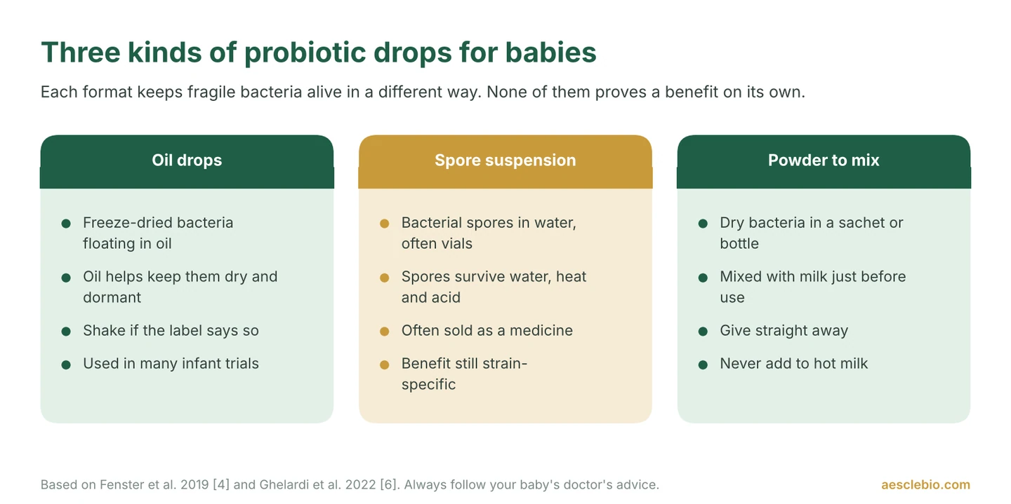 Three-column graphic comparing oil-based probiotic drops, spore suspensions in vials and powders mixed with milk, and how each keeps bacteria alive.