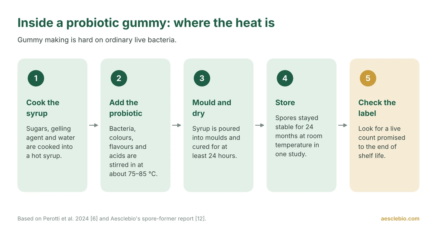 Five-step process of making a probiotic gummy, showing that bacteria are added to syrup at about 75 to 85 degrees Celsius, which is why heat-tolerant spores are often used.