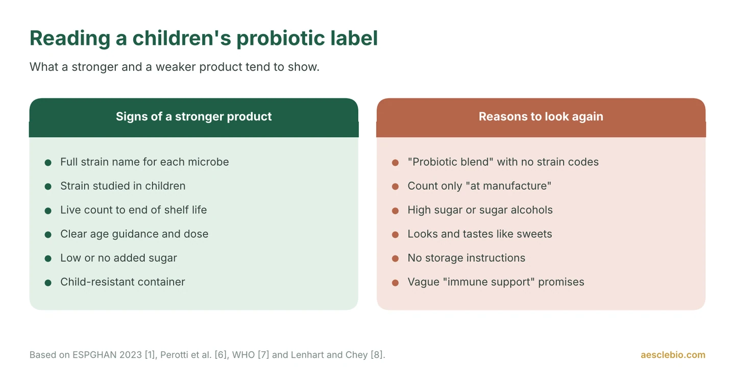 Two-column checklist comparing signs of a stronger children's probiotic label with warning signs on a weaker one.