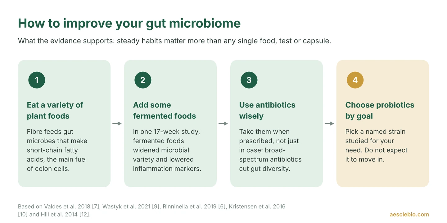 Four-step guide to looking after the gut microbiome: eat a variety of plant foods, add fermented foods, use antibiotics wisely and choose probiotics by goal.
