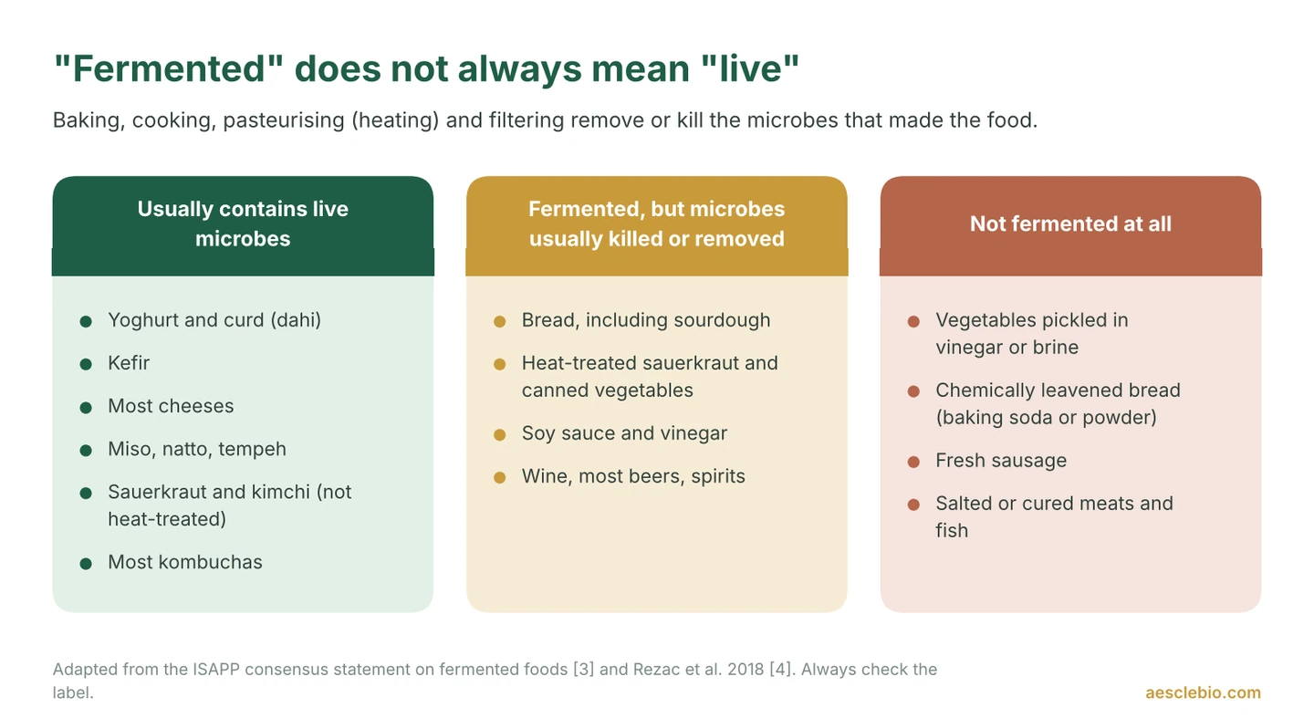 Three-column chart grouping foods into those that usually contain live microbes, fermented foods whose microbes are killed or removed, and foods that are not fermented at all.