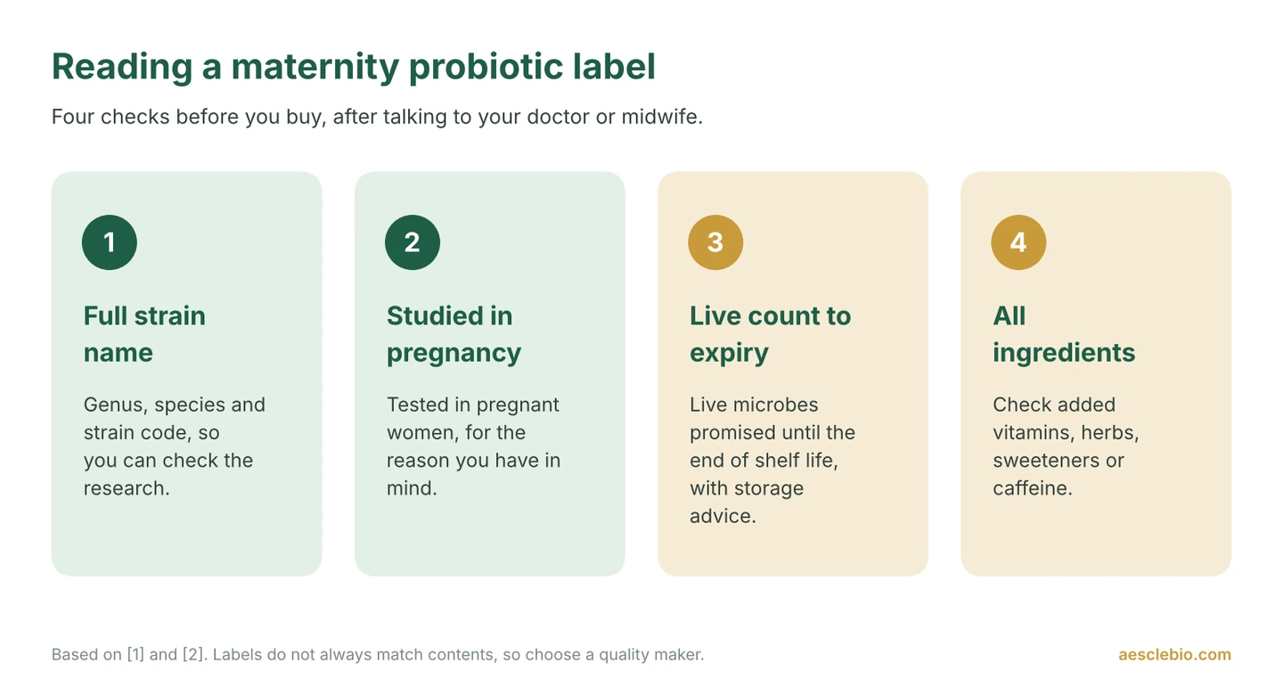 Checklist of four things to look for on a maternity probiotic label: full strain name, studied in pregnancy, live count to expiry, and full ingredient list.
