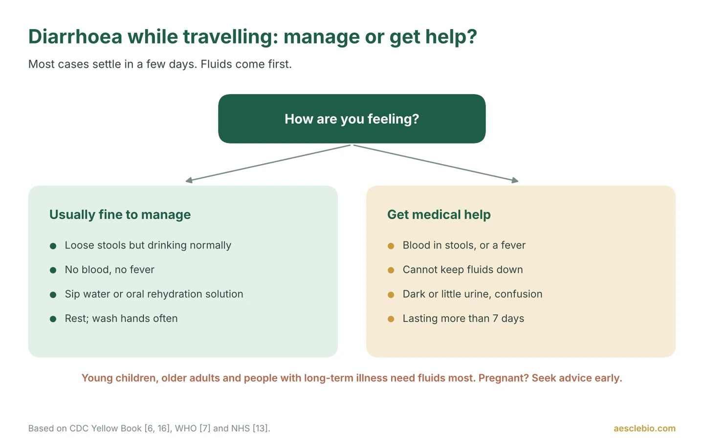 Decision guide showing when traveller's diarrhoea can be managed with fluids and when to get medical help.
