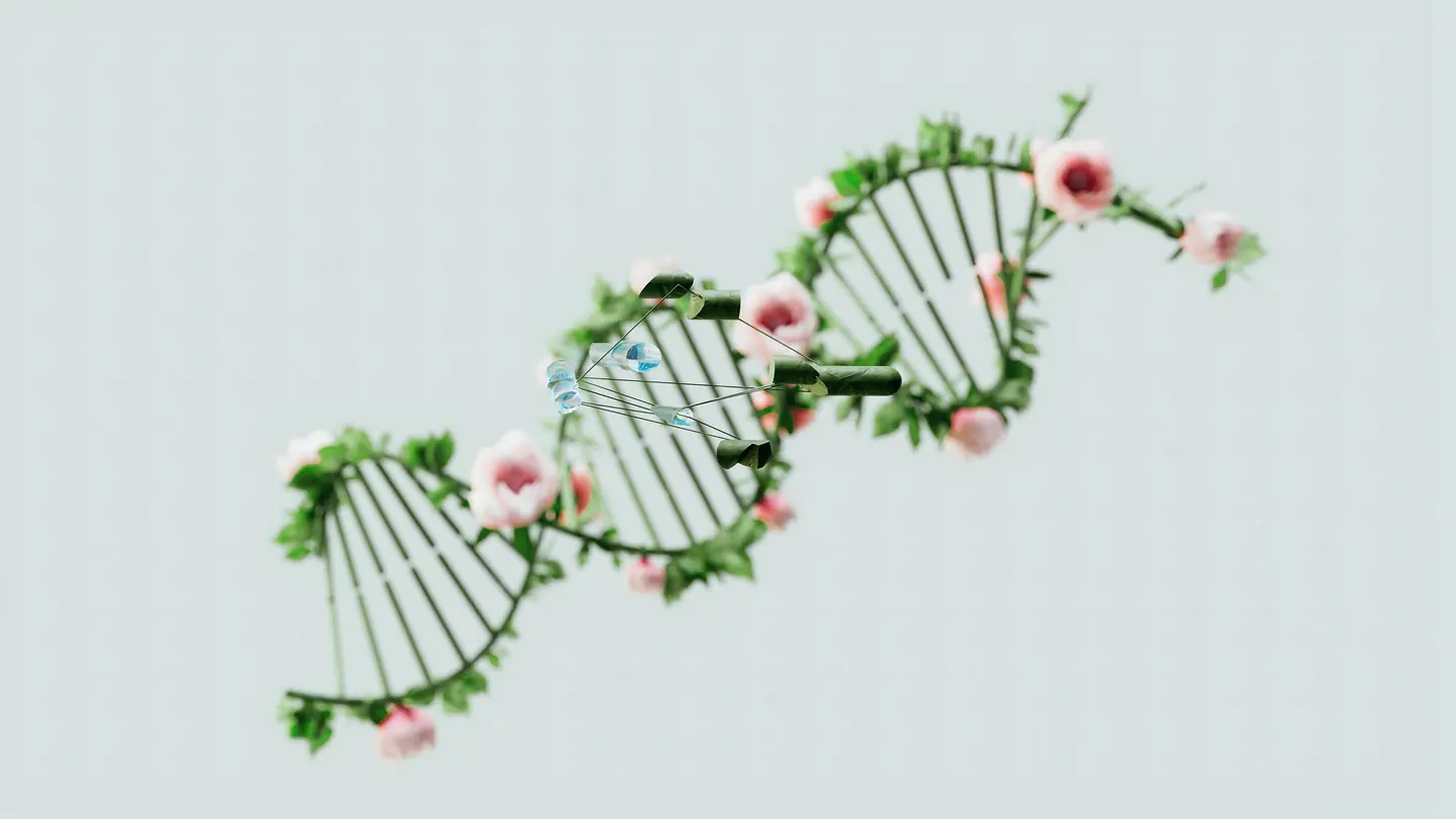 DNA helix entwined with flowers