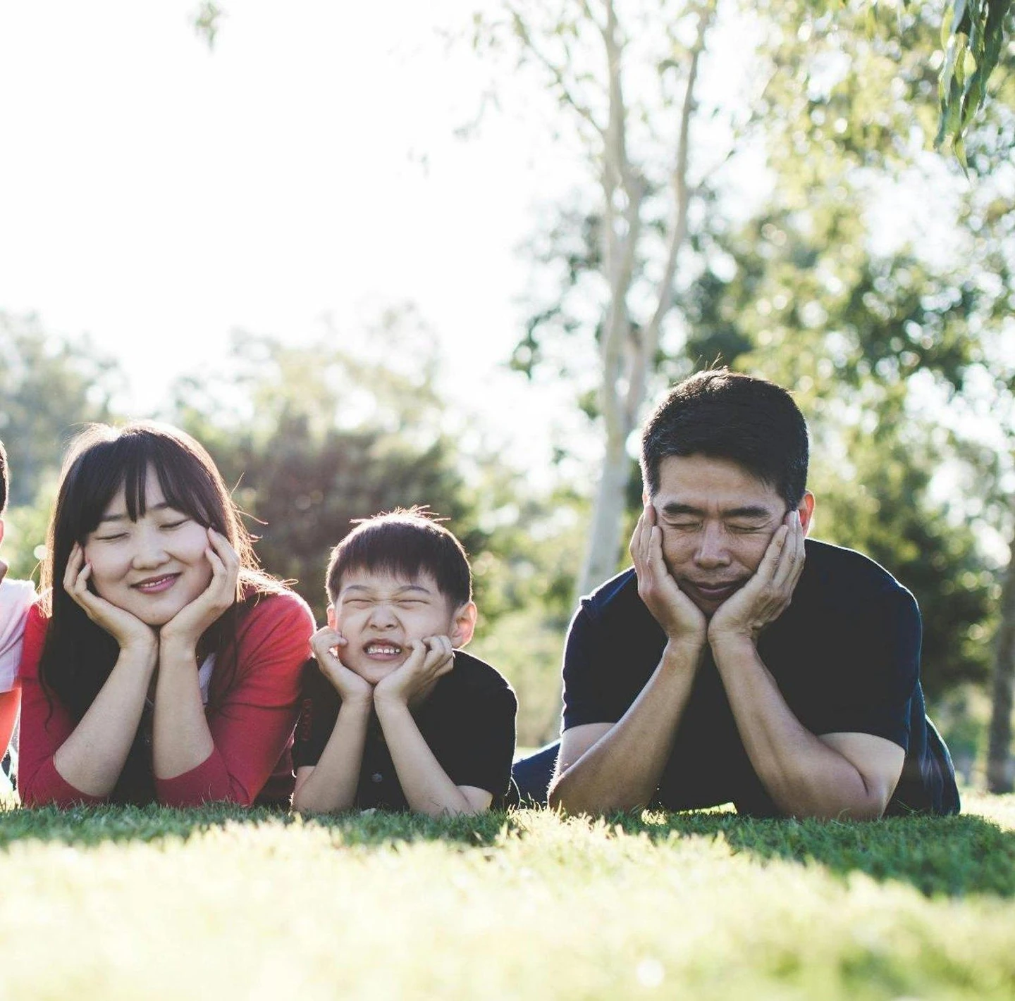 A smiling family lying on the grass in a park