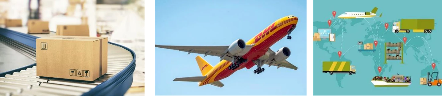 Packed cartons, a cargo aircraft and a world map